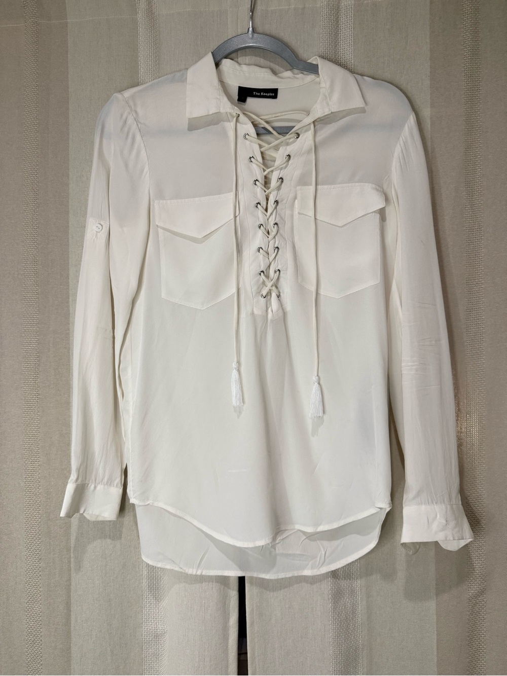 The Kooples Silk Cream Lace-Up V-Neck Long Sleeve Blouse